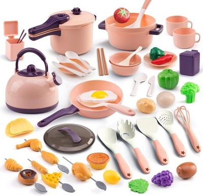 Kids Mini Play Kitchen Accessories 60PCS Pretend Cooking Set Pink