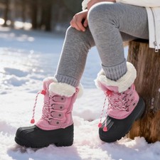 Boys Girls Unisex Kid Snow Boots Faux Fur Lined Mid Calf Ski Boots Skiing Boots