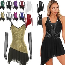 Womens Ballroom Dance Dress Long Gloves Glittery Tango Back Hollow Costume