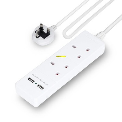 GEEPAS 2-Gang Verlängerungskabel 2 m Wandmontage 2 USB-Anschlüsse Schwerlast UK-Stecker