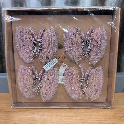 MacKenzie Childs Pink Butterfly Hill Beaded Napkin Rings Set of 4 NIB