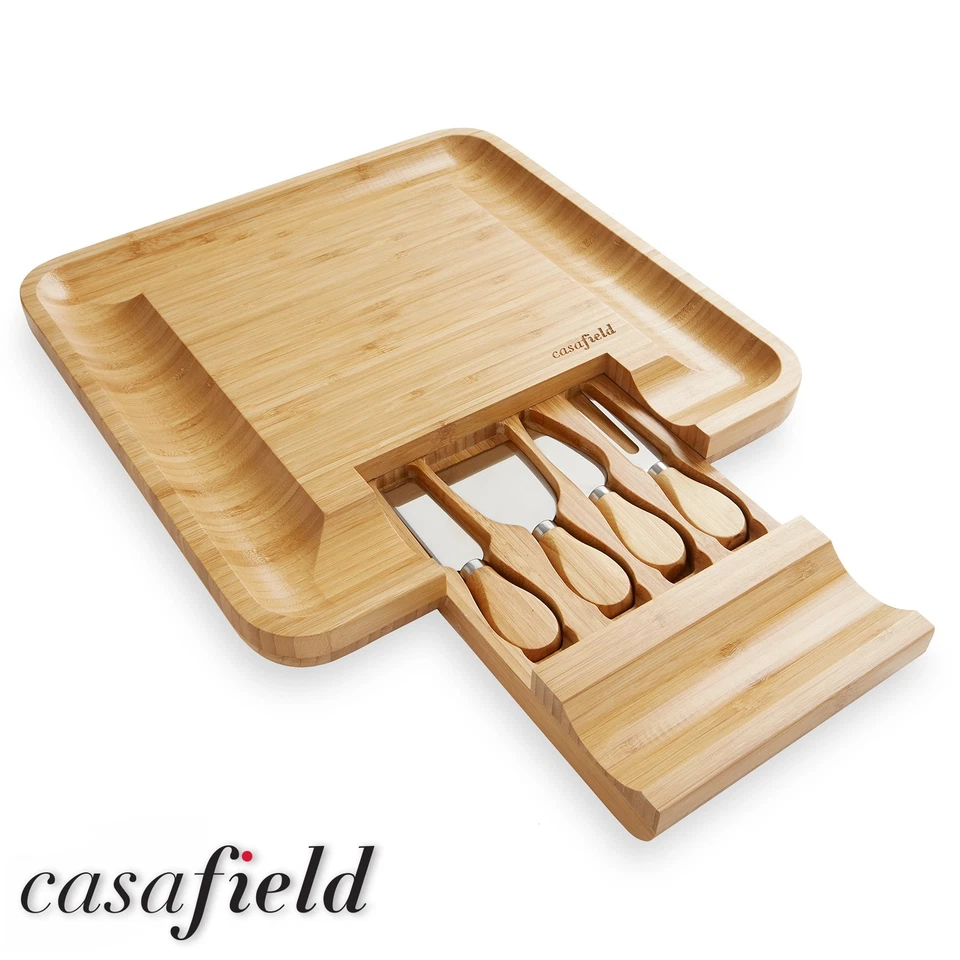 Tabla de cortar queso de bambú cuchillo juego de regalo charcutería de madera bandeja para servir carne Foto 2 de 4