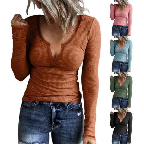 Women Casual Long Sleeve Tunic V-Neck Slim Fit Ribbed T Shirts Basic Tee Tops