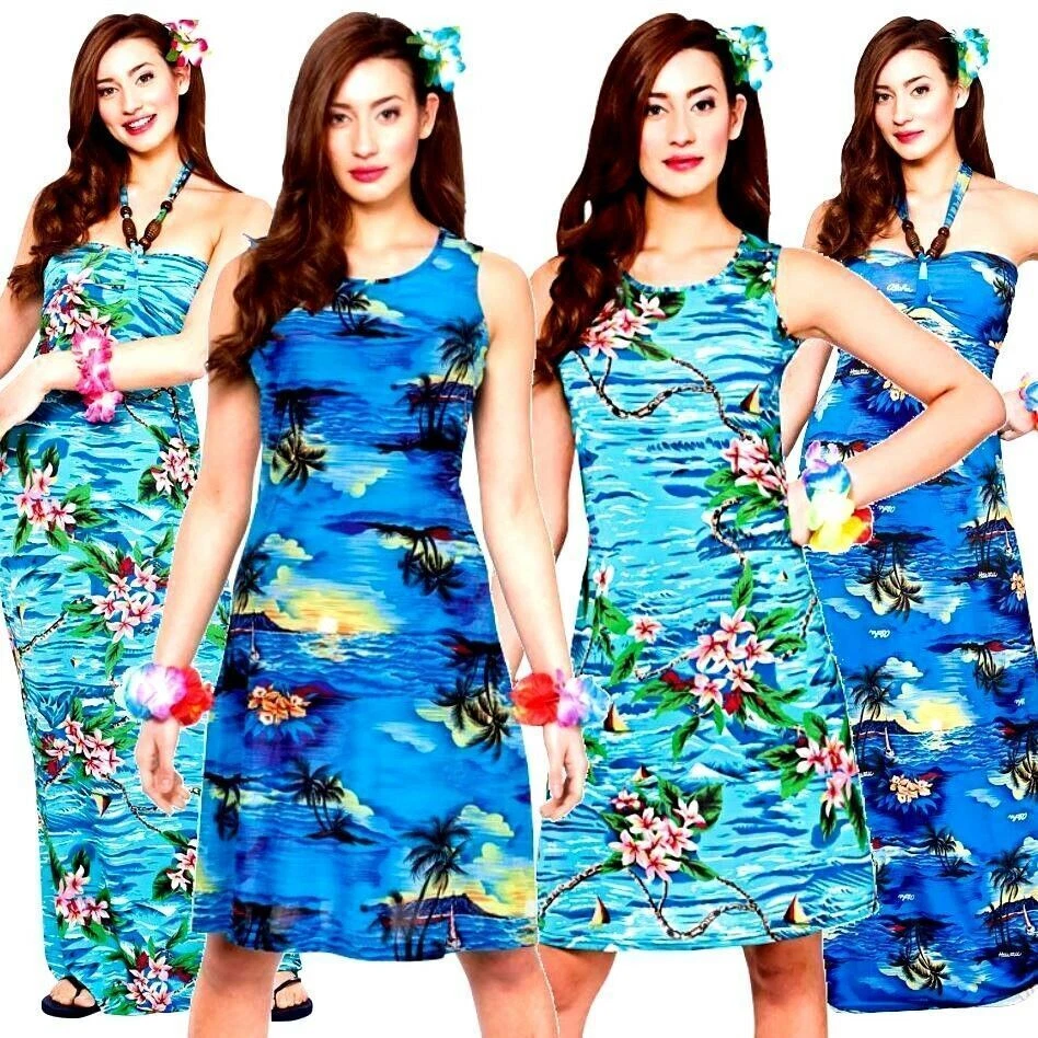 Ladies Hawaiian Maxi Midi Fancy Dress Beach Orchid Palm Tree