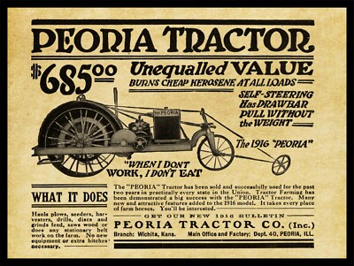 1916 Peoria Tractor Co. New NEW Metal Sign: New Model Tractor - Peoria, Illinois