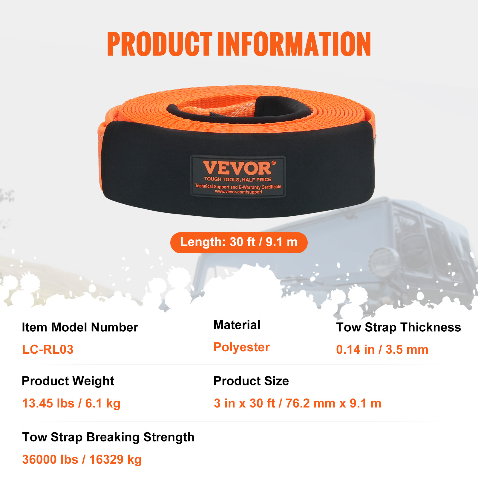 VEVOR 3"x 30' Tow Strap 36000 lbs Recovery Rope w/ D-ring Shackles and Connector