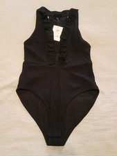 NWT Topshop Black Ribbed Ruffle Leotard Bodysuit Snaps Size US 8 UK 12
