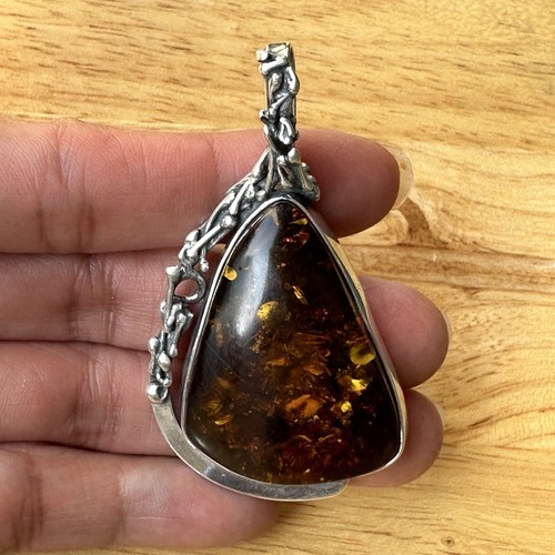 VTG AP Art Deco Pendant 2.5" Honey Natural Amber Brutalist Sterling 15.5g - Bild 8 von 9