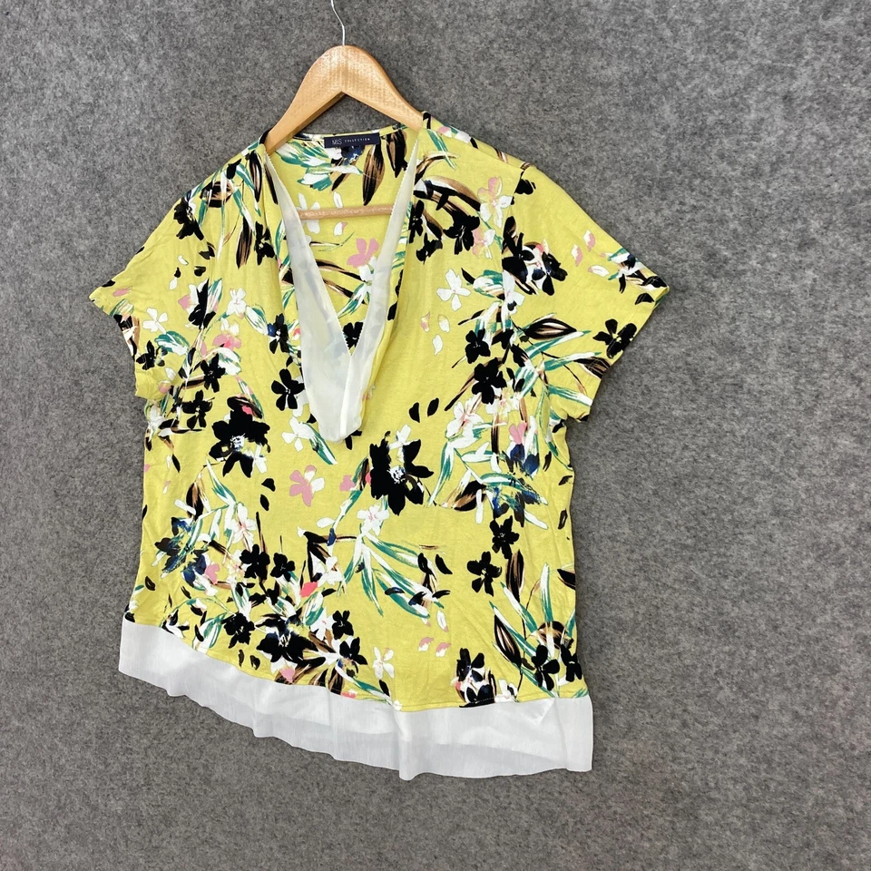 Marks and Spencer Top Womens UK 14 Yellow Floral Short Sleeve V-Neck Shirt 16812 - Image 2 of 4