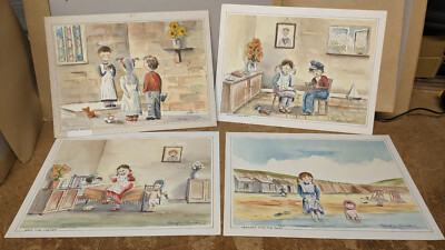 4er Set Aquarelle zu Hause und am Meer signiert Stephen Smith BRE160224
