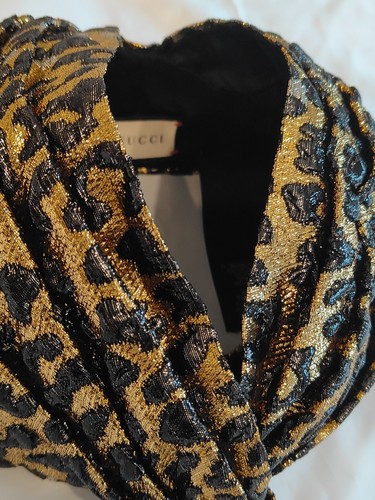Gucci Gold Silver Metallic Leopard Print Turban Headband Size M - Picture 3 of 10