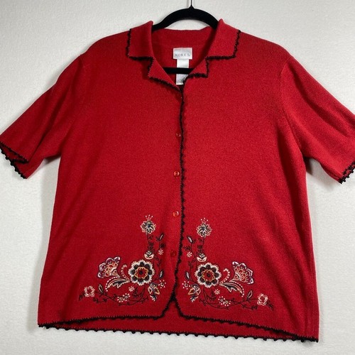 Vintage Koret Gr. M Perlen bestickt Blumen Kurzarm Strick Cardigan Landhaus