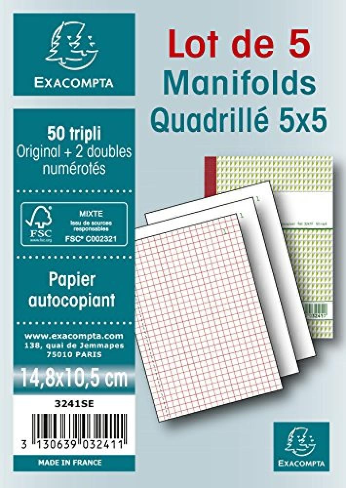 Manifold Quadrille 5x5-50 Feuillets Autocopiants - Sous Film par Lot de 5 - NUOV