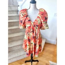 NWT Fashion Nova Gardenia Puff Sleeve Baby Doll Orange Floral Mini Dress