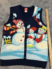 VTG Ugly Christmas Acrylic Knit Sweater Vest Snowman Adult Size Medium Button Up