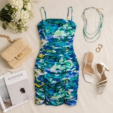 Calvin Klein Ruched Floral Bodycon Dress Size 4 Blue Green Cocktail