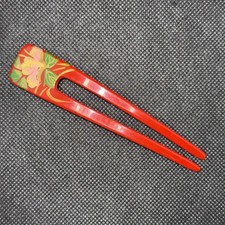Vintage 1970's Red Japanese Kanzashi Hair Fork w/ Floral Print - Hair Accessory
