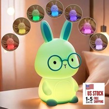 Bunny Night Light for Kids, Soft Silicone Nursery Lamp, 7-Color Green Bunny