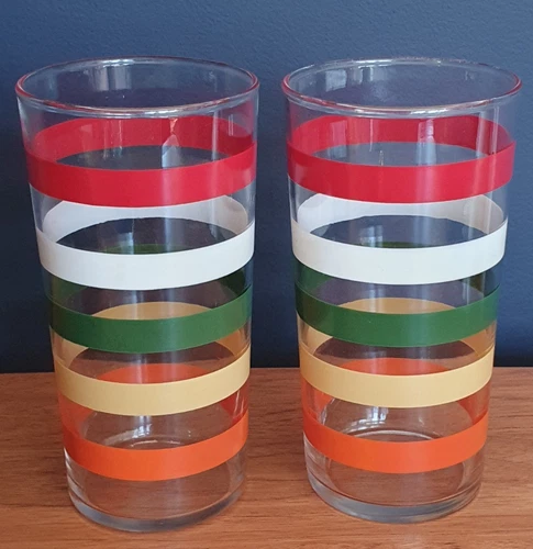 2 Vintage Anchor Hocking Fiesta Band Striped Tumblers Glasses 6" Retro MCM