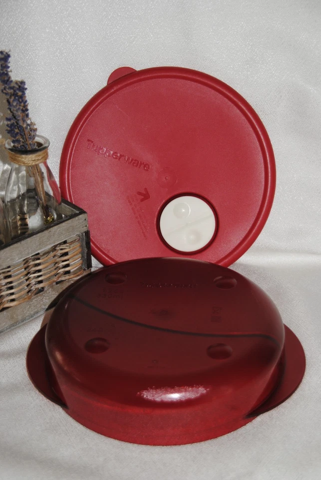 🌟 TUPPERWARE Boite Micro Onde Ronde Rouge Assiette Crystal Wave 330 ml + 240 ml - Photo 3/3