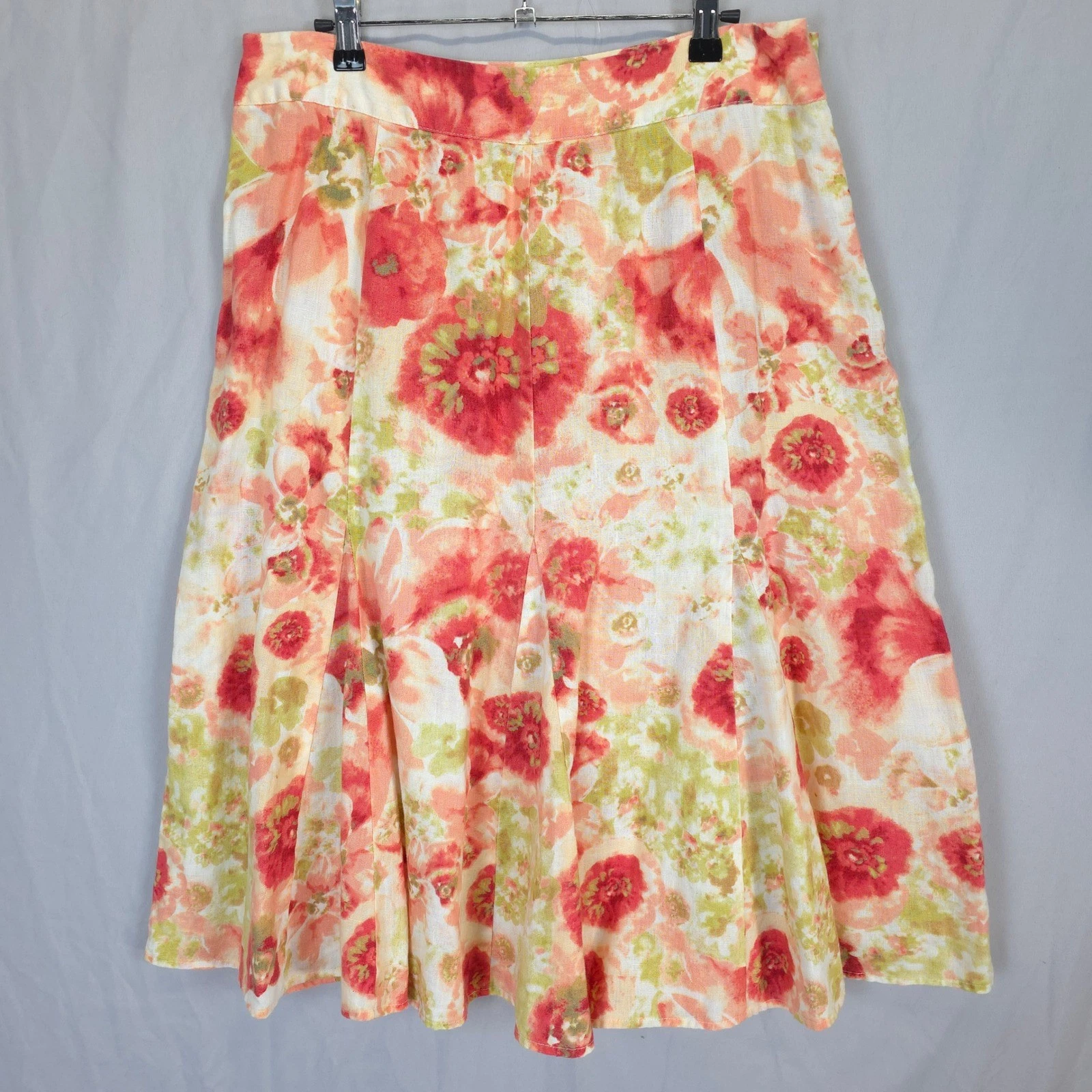 Watercolor Floral Linen Skirt Peach Coral Boho Flowy Midi Women 12 JM Collection