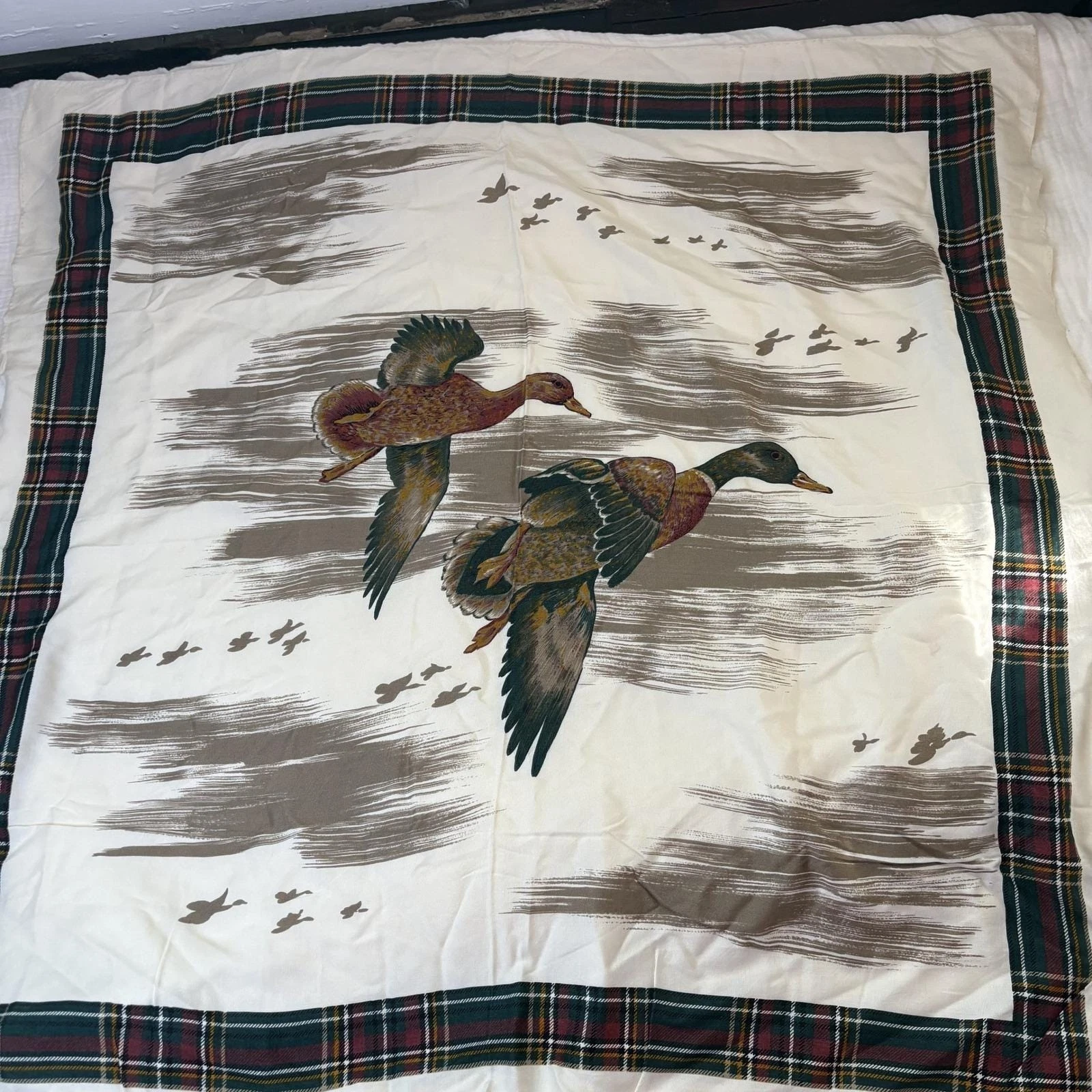 Square Scarf Flying Mallard Duck Plaid Border Cream Green Red Wildlife 33"
