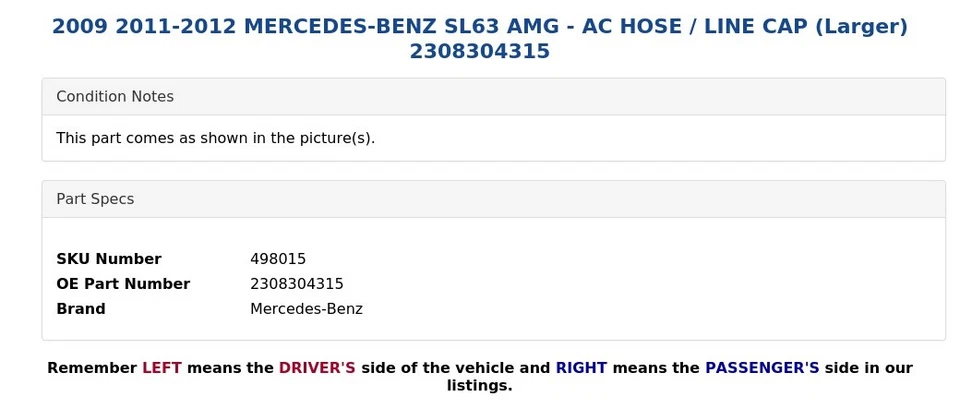 2009 2011-2012 MERCEDES-BENZ SL63 AMG - AC HOSE / LINE CAP (Larger) 2308304315 Foto 4 de 4