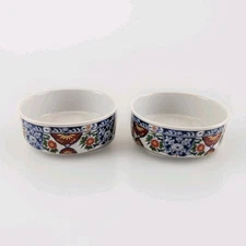 Pair Japanese Imari Style Porcelain Bowls Blue Red Floral 6.5in x 2.25in