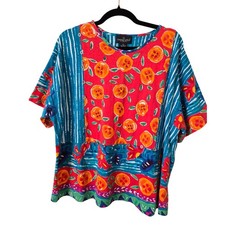 Vintage Carole Little Womens L Top Colorful Floral Beaded Cotton Art To Wear