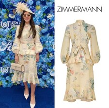 NWOT $1,150 Zimmermann Illuminate Peplum Linen Midi Dress Lemon Hydrangea AU0 XS