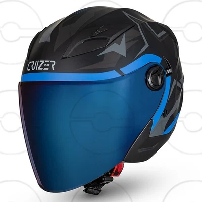 Casque moto jet homologué CRUIZER STAR Noir Bleu double visière transparente - Photo 1/4