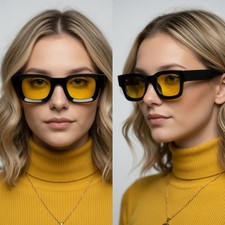 Chunky Black Frame Sunglasses Yellow Lens Retro Mod Fashion Statement Gafas New