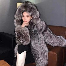 Women's Faux Fox Fur Hooded Coat Thick Warm Long Sleeve Plush Winter Jacket