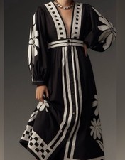 New FARM Rio BLACK NATURE V NECK BUTTON LONG SLEEVE MAXI DRESS Medium