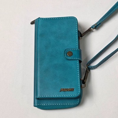 Megshi Phone Case Wallet Women OS Teal Crossbody Detachable Strap Faux Leather