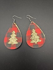 Faux Leather Earrings, Layered, Gold Glitter Christmas Trees Red Buffalo Plaid