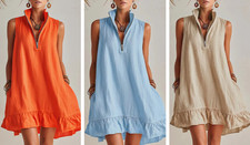 Women Zip Front Sleeveless A-line Loose Mini Dress