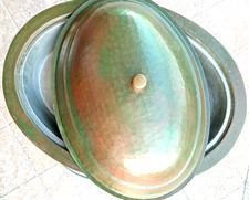 PIATTO OVALE DA PORTATA IN RAME MARTELLATO A MANO INTERNO STAGNATO CON COPERCHIO