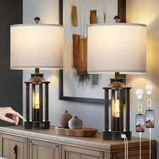 Farmhouse Table Lamps Set of 2, Vintage Living Room Lamps with 2 USB Ports