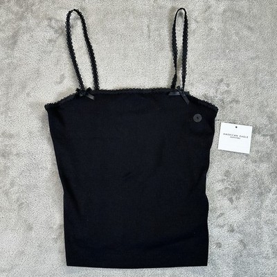 American Eagle Bungee Strap Cropped Tank Top Basic Black AE Casual New Small