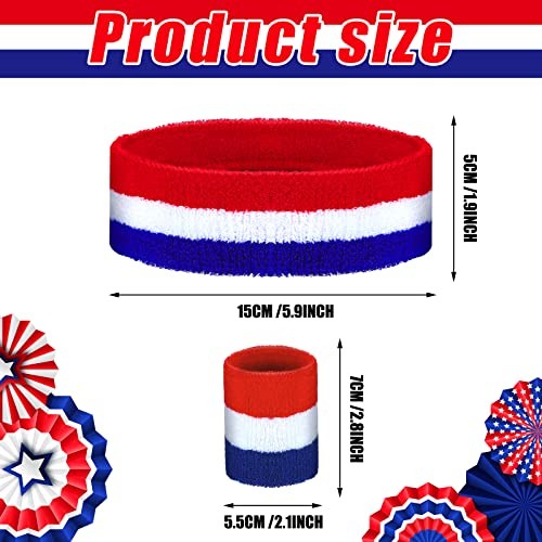 6 Pieces Sweatband Set Sports Headband Wristband Set Head Band Red-White-Blue - Photo 3/8