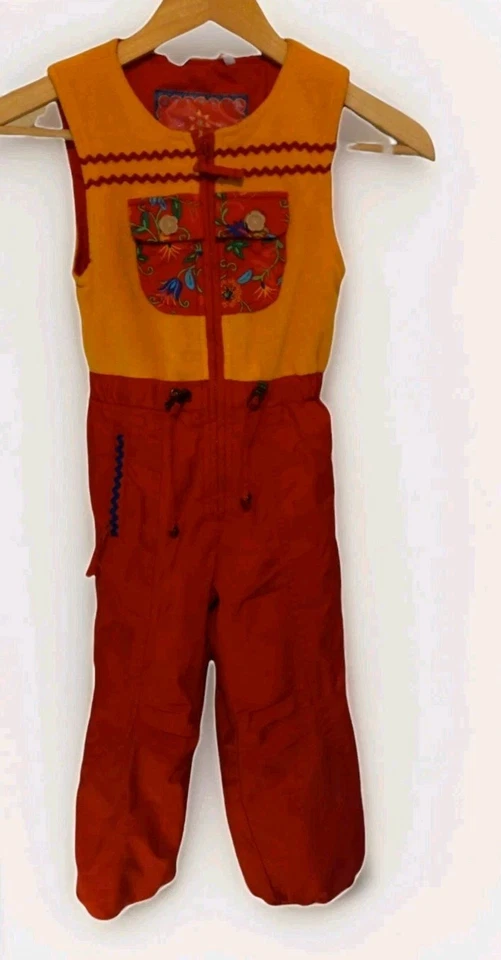 Vintage Obermeyer Kids Ski Snow Bib Overalls Red Yellow Size 4 Winter Gear - Image 2 of 4