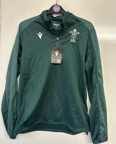 Macron WRU Herren neu grün 1/4 Reißverschluss Rugby Oberteil Sweatshirt & Logo’s UK Größe Small