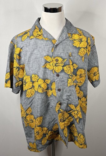 Roundy Bay Large Hawaiian Aloha Shirt Yellow Gray Floral Polyester Short Sleeve - Picture 2 of 4