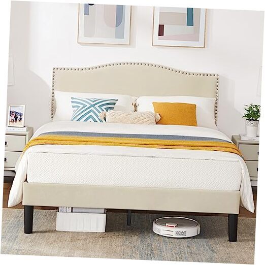 Full Bed Frame with Upholstered Headboard and Sturdy Platform Base