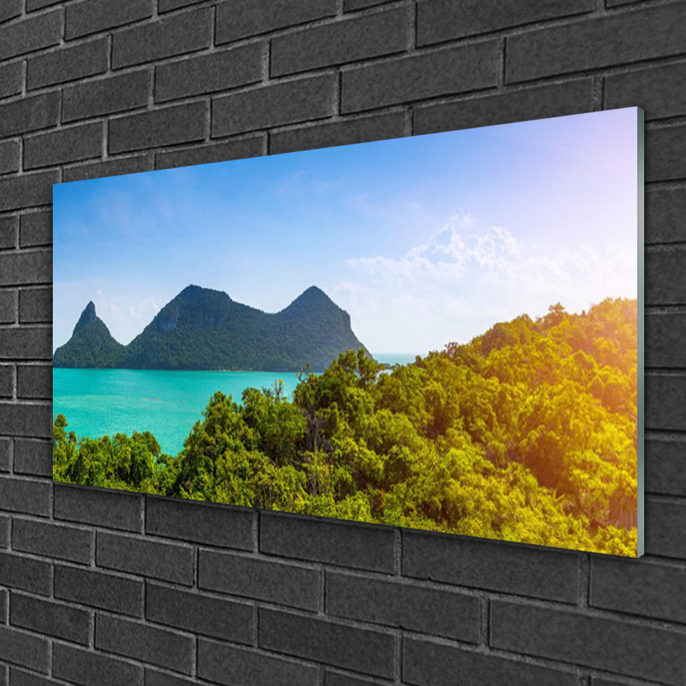 Tableau sur verre haut de gamme paysage de montagne et mer 100x50 cm finition brillante