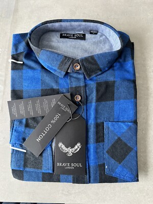 Neu mit Etikett Brave Soul Small Herren 36-38'' Brust Buffalo LS blau kariert Shirt kostenloser Versand