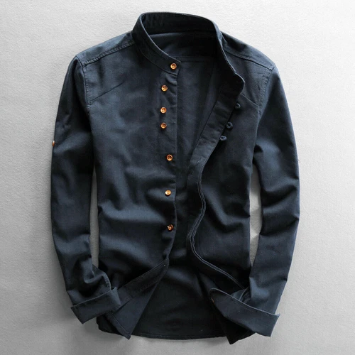 Mens Cotton Linen Shirt Long Sleeve Mandarin Collar Business Dress Shirts - Bild 6 von 23