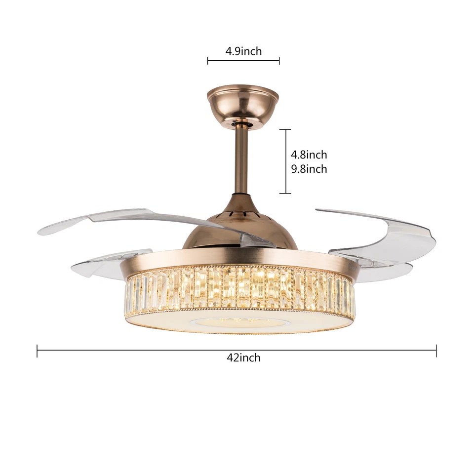 42" Ceiling Fan Light 3-Color Crystal LED Invisible Gold Chandelier Lamp +Remote - Image 2 of 4