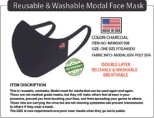 Adult Unisex MODAL Face  Mask Cover DOUBLE Layer Washable & Reusable MADE IN USA